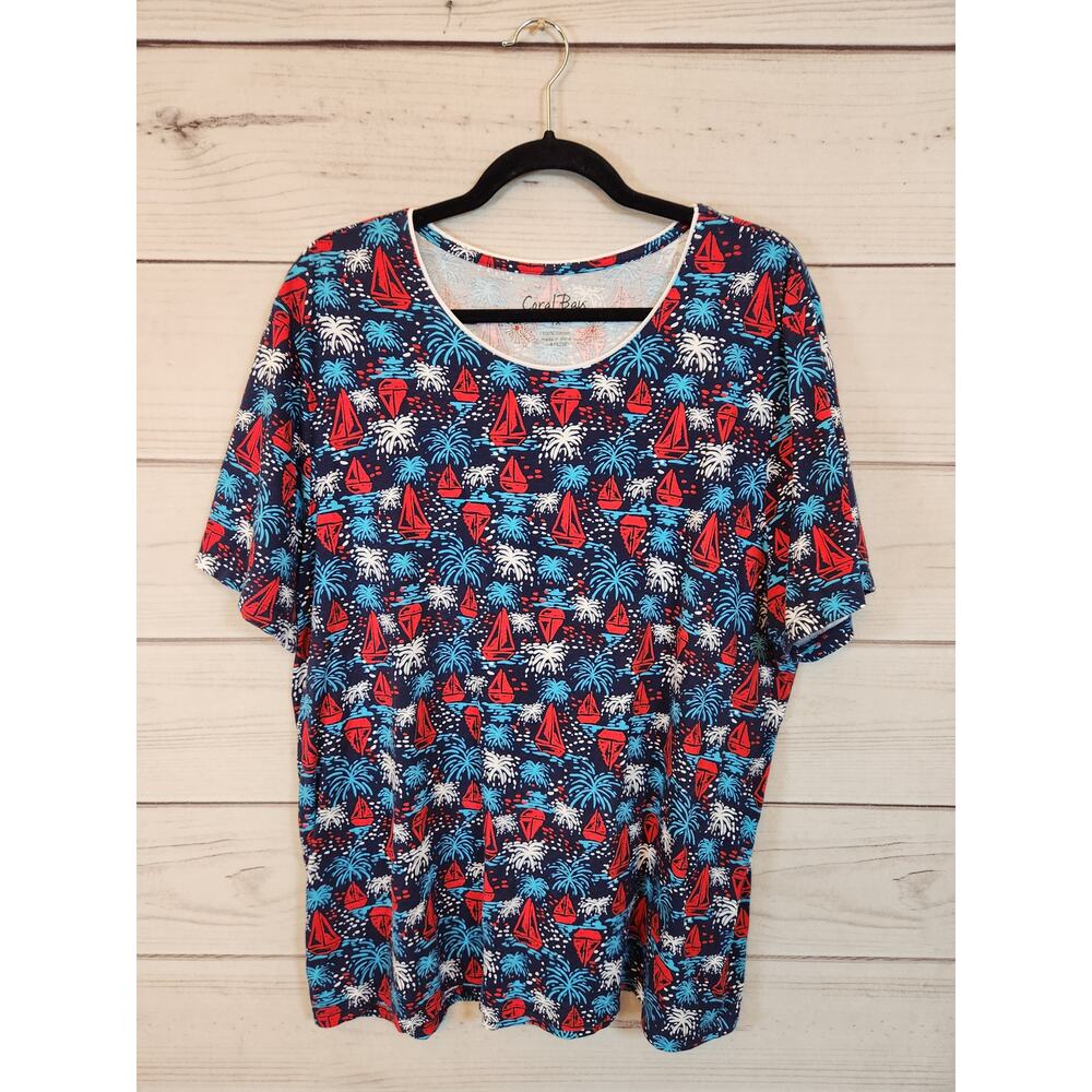 Coral Bay Women's Multicolor Printed Short Sleeve Round Neck Blouse Top Size 1X
